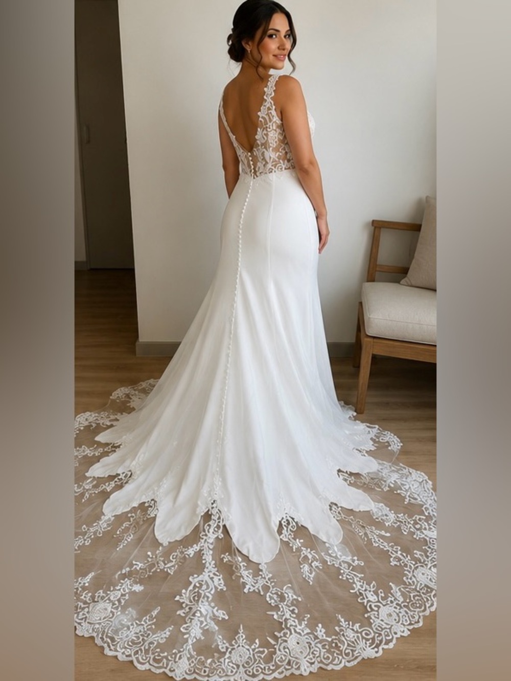 NWT Miss.Veil Ivory Lace Satin Mermaid Wedding Dress Chapel Train Bridal Size 12